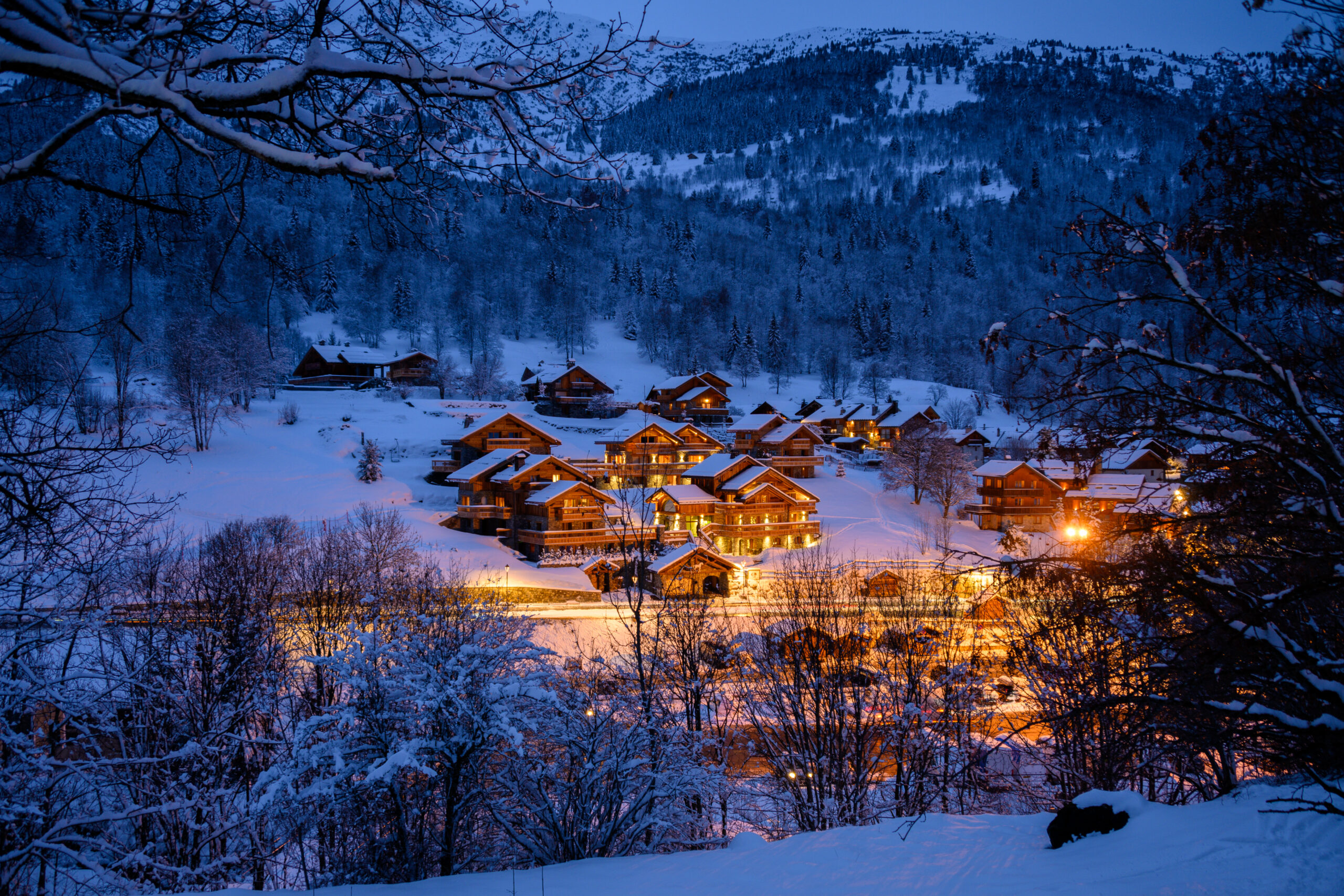 Luxury Ski Chalet Cheval Blanc Meribel VIllage View Evening